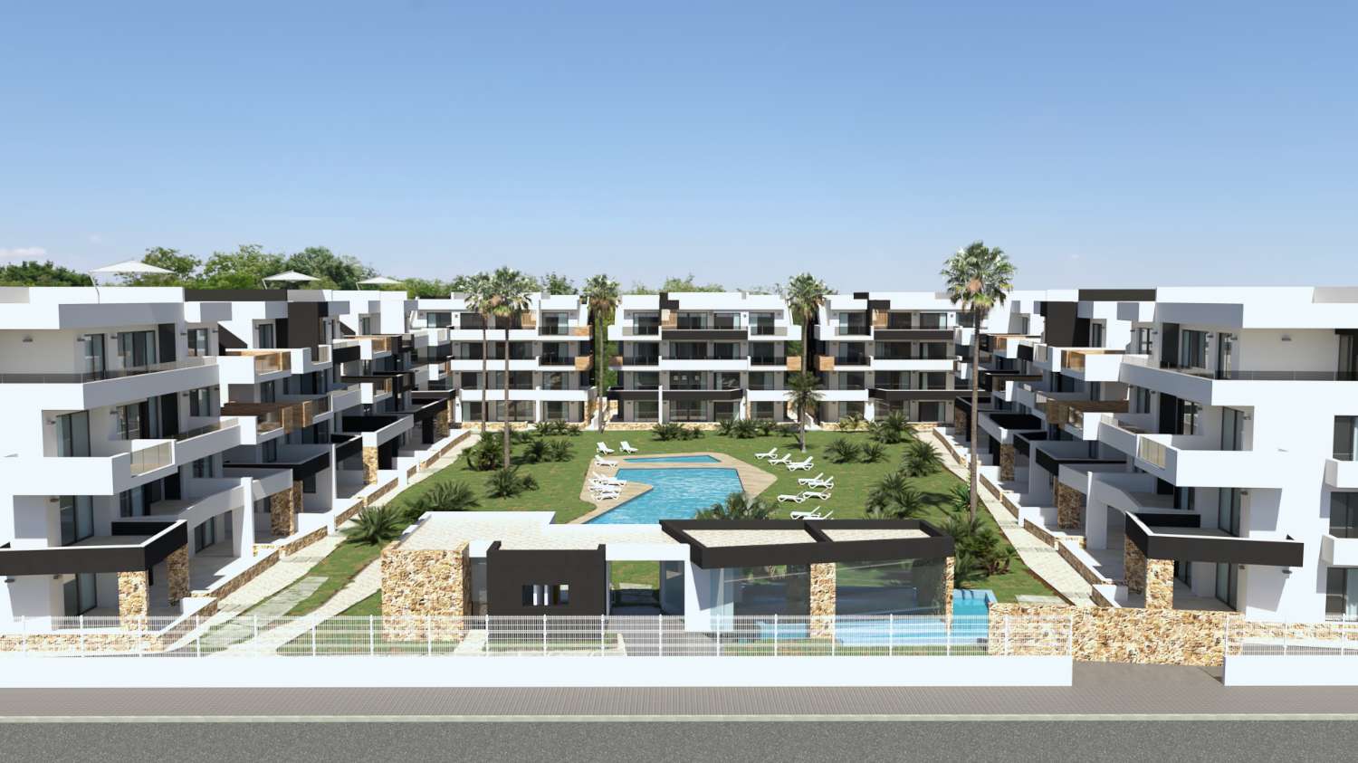 Schöne 'Neubau 2 Schlafzimmer komplett möblierte Erdgeschosswohnung mit Gemeinschaftspool in Playa Flamenca