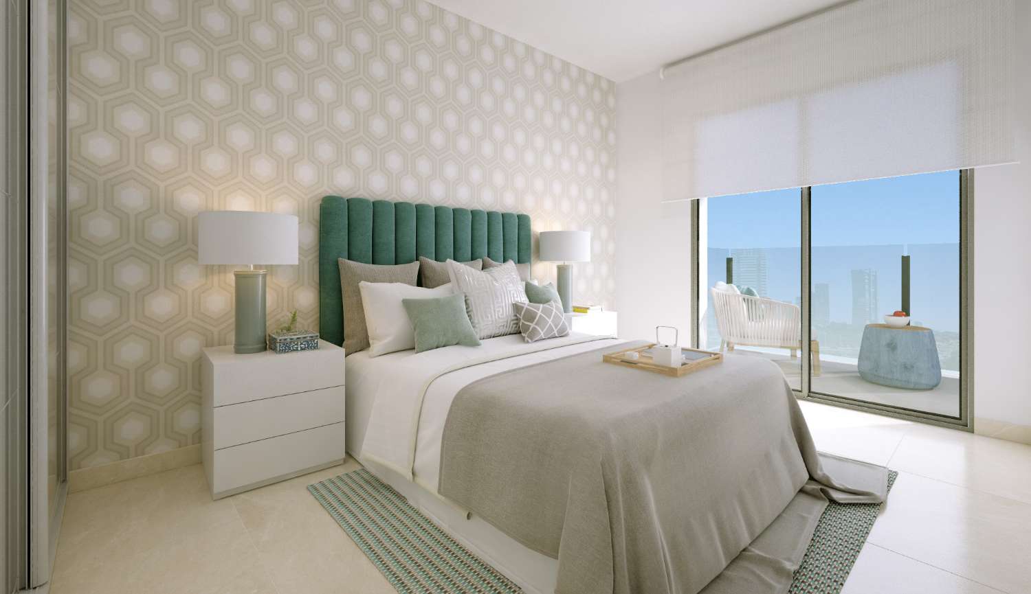 Atractivo moderno apartamento de nueva construcción en planta baja de 2 dormitorios con piscina comunitaria a 100 metros del mar en Torrevieja