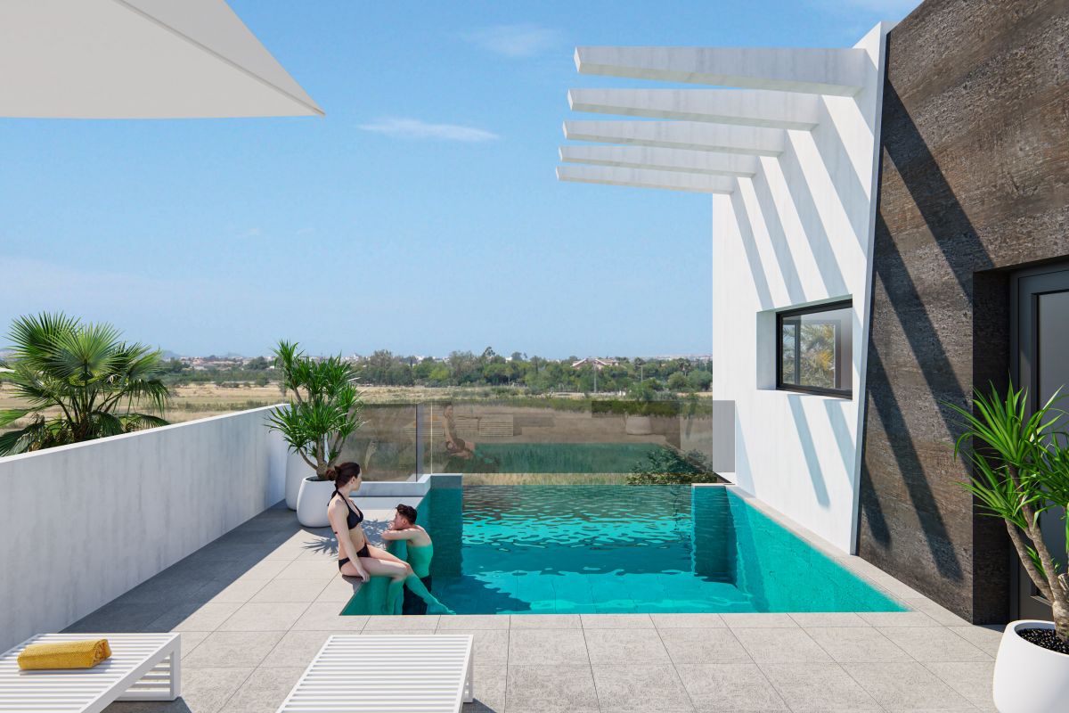 Precioso bungalow de 2 dormitorios en planta baja o 1ª planta con piscina comunitaria en Pilar de la Horadada