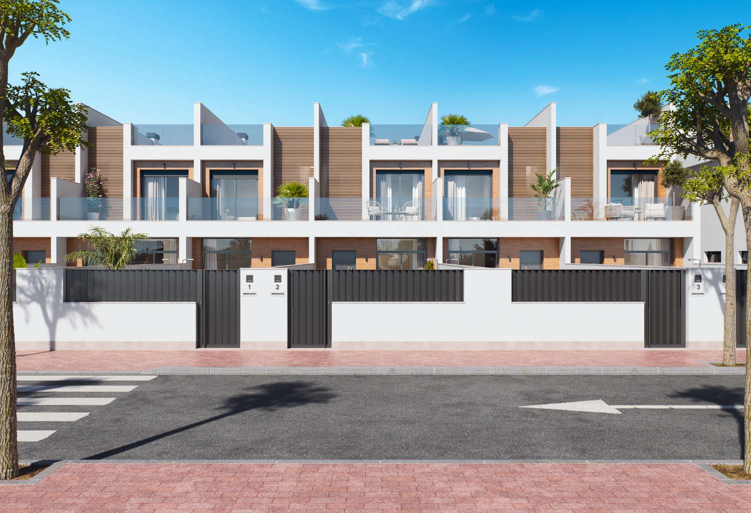 Atractiva casa adosada moderna de 3 dormitorios de nueva construcción con piscina privada y jardines en San Pedro del Pinatar