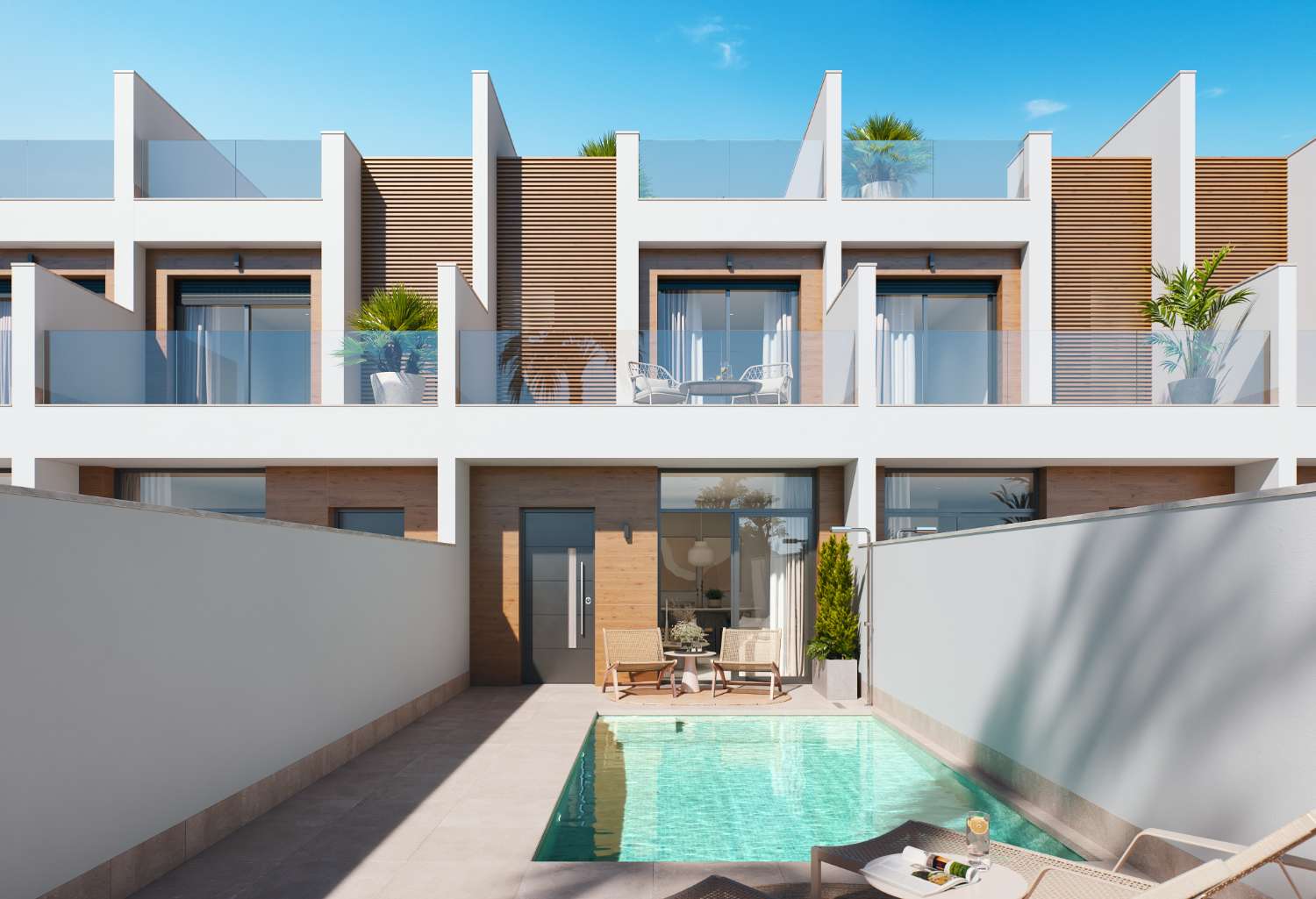 Atractiva casa adosada moderna de 3 dormitorios de nueva construcción con piscina privada y jardines en San Pedro del Pinatar