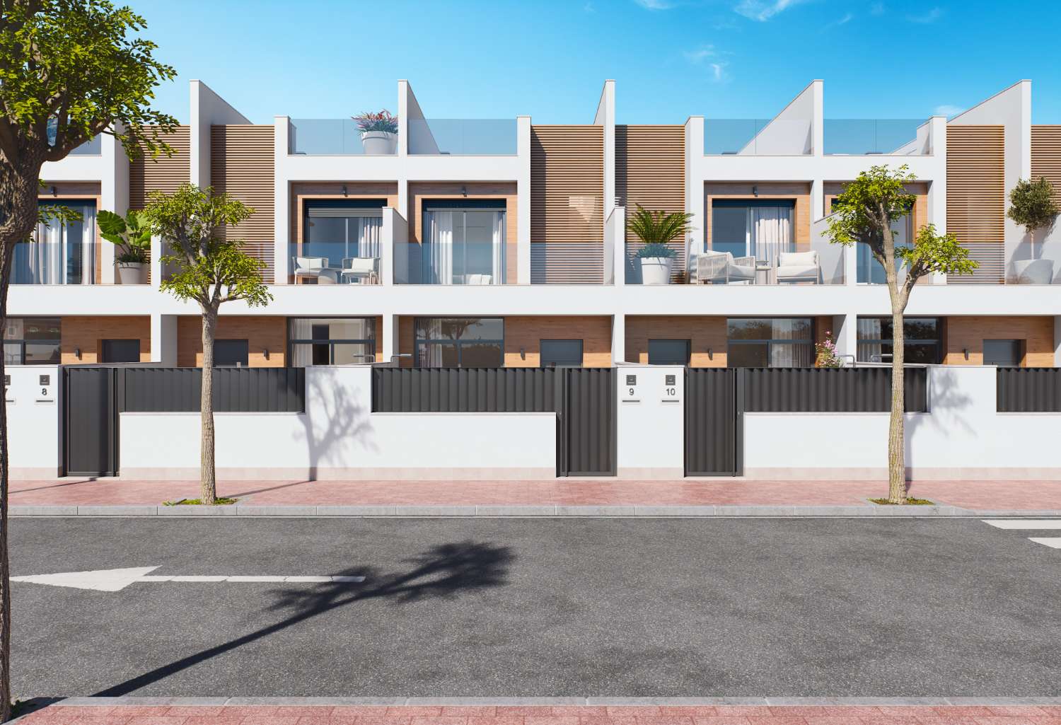 Aantrekkelijke nieuwbouw modern 3 slaapkamer herenhuis met privé zwembad en tuinen in San Pedro del Pinatar