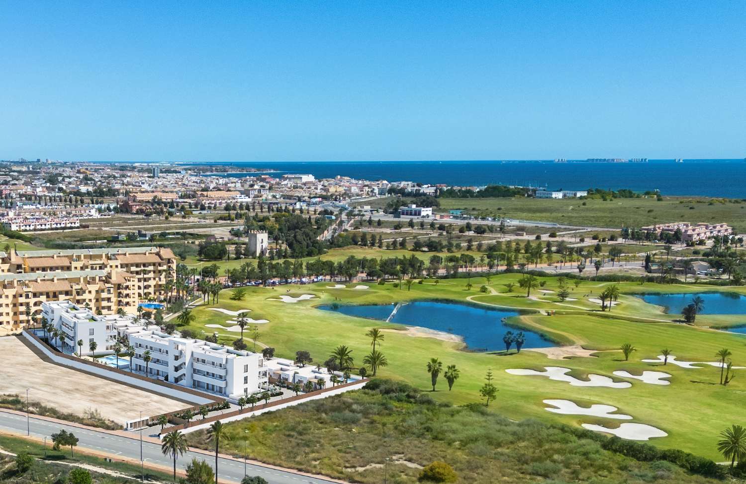 Stunning 'New Build' 3 bedroom front line golf apartment with communal pool in Los Alcazares