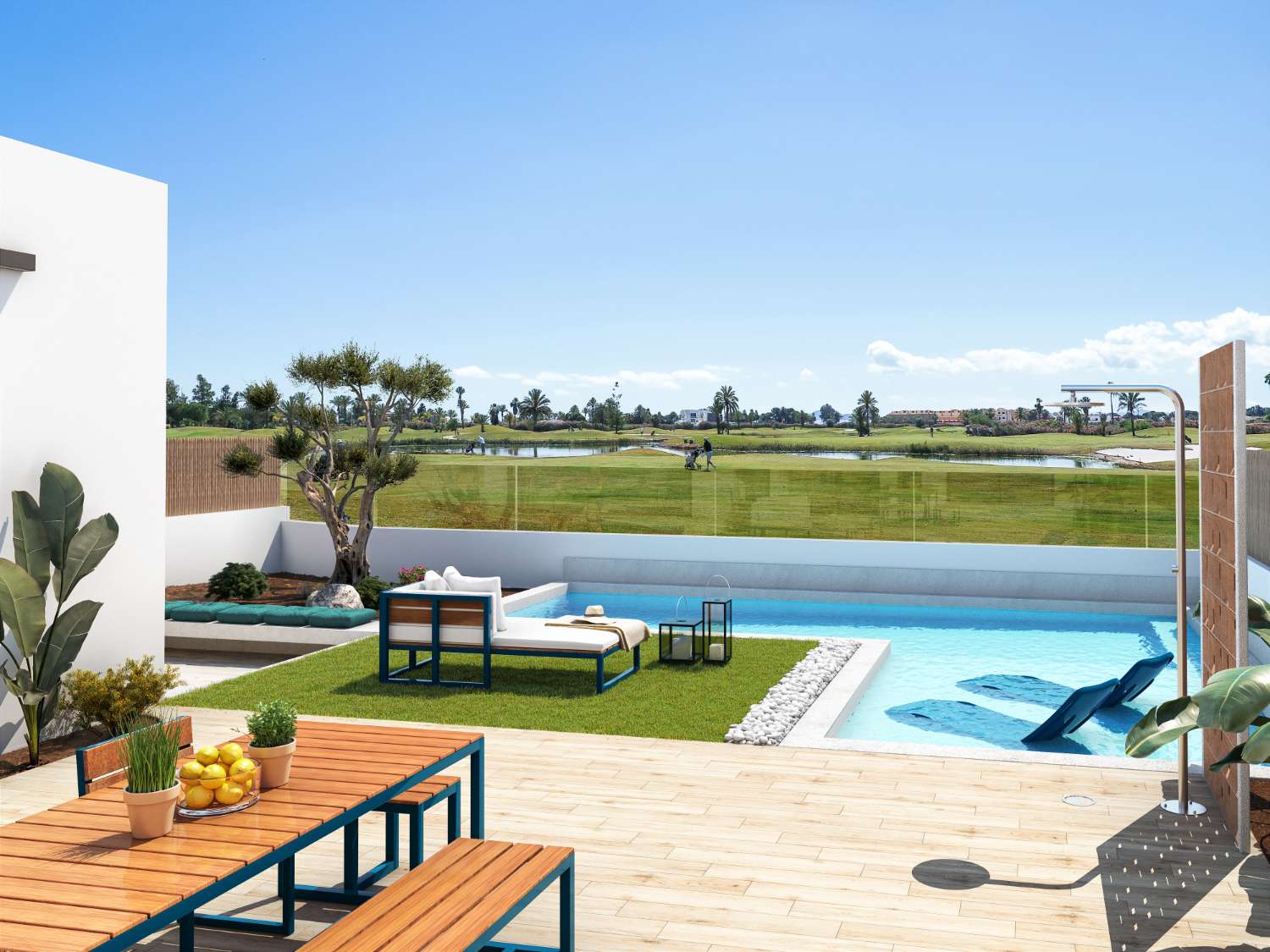 Fantastische 'New Build' 3 slaapkamer eerste lijn golf vrijstaande villa met privé zwembad in Los Alcazares